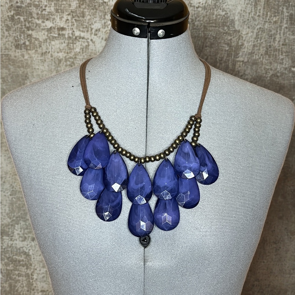 Teardrop Faceted Blue Statement Necklace with Bronze Colored Beads and Leather